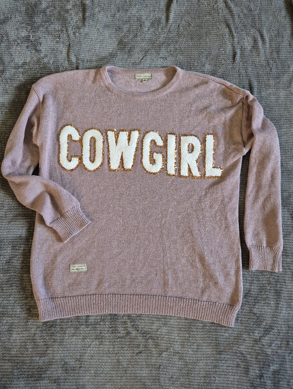 Simply Southern Pink Cowgirl Graphic Sequin Embroidered Knit Pullover Sweater M,